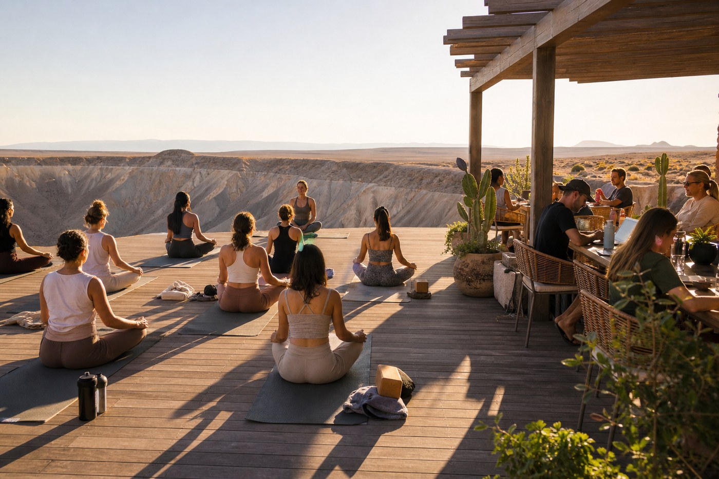 Morning wellness on desert deck
